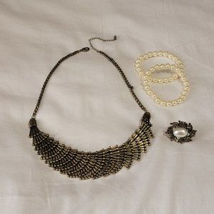 Necklace, Ring, 2 Pearl Bracelets Bundle